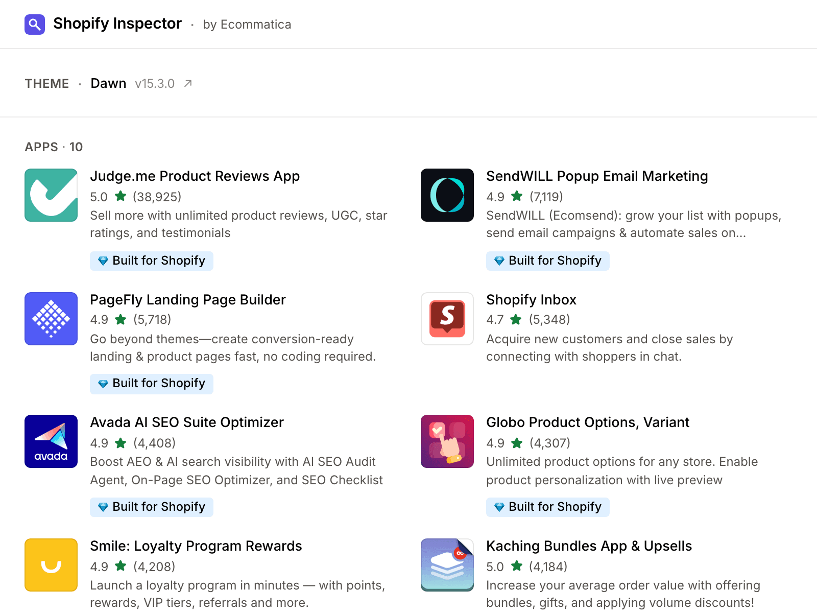 Shopify Inspector extension popup showing detected theme and apps